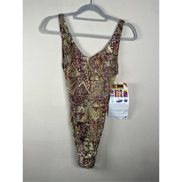 DEADSTOCK 90's Tan Thru One Piece Swimsuit Bodysuit Sz 9/10 NWT - Picture 1 of 9